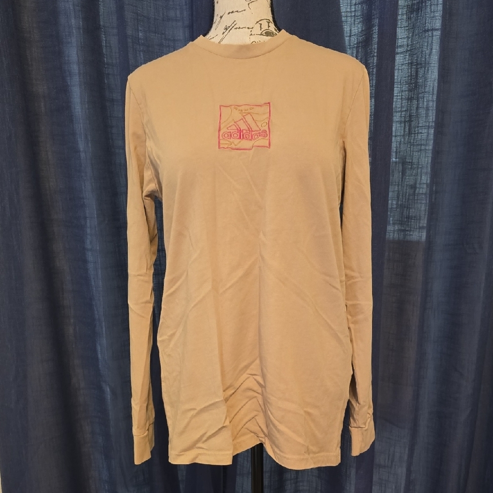 adidas Beige Tone Embroidery Graphic Long Sleeve Tee Shirt Small NWOT